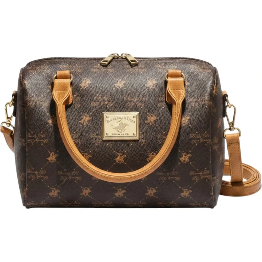 Beverly Hills Polo Club Brown Monogram Satchel Bag Striped Lining BHPC Logo
